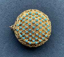 Beautiful Vintage Powder Puff  - Gilt Metal and Turquoise/Blue Coloured Beads