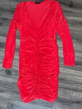 Sexy Shiny Stretch Nylon Tight Fitting Red Bodycon Dress, Size 14