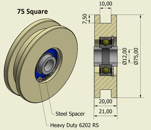 75mm square flat nylon - nylon, pulley