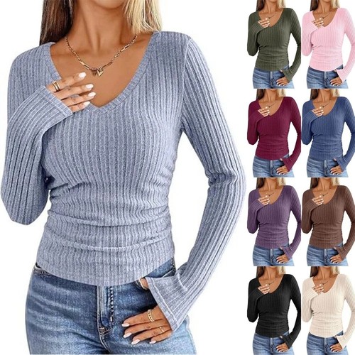 Womens ribbed neck tee tops - womens, v-neck