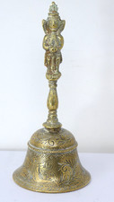 Brass Hand Bell With Standing Figure Finial Engraved Foliate Decoration Indian