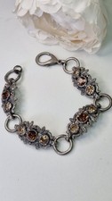 Danon Signed Pewter Ornate Bracelet Topaz colour glass stones VGC