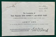 Antique Coronation Ticket King George V Queen Mary War Office Whitehall 1911