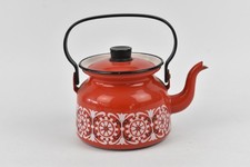 Vintage Red Enamel Retro Floral Stovetop Hob Tea Kettle Pot