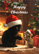 ADORABLE CAT & MOUSE CHRISTMAS CARD WITH A CUTE KITTEN GIVING CHEESE TO A MOUSE