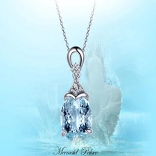 925 Sterling Silver Clavicle Chain Aquamarine Pendant Mermaid Ocean UK Seller