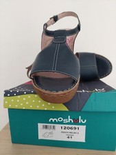 Moshulu Indigo Leather Wedge Sandals Size UK 7 Peach Melba T-Bar Buckle Peep Toe