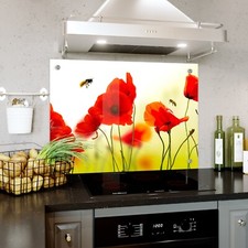 Glass Splashback Kitchen Tile Cooker Panel Poppies Bees ANY SIZE HOLES FIXINGS