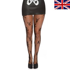 Black Skull Halloween Fishnet & Lace Tights Patterned Crossbones Womens UK 6-16
