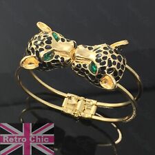 Vtg Style DOUBLE KISSING PANTHER HEAD animal BRACELET emerald green crystal eyes