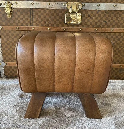 Brown leather stool footstool - leather,