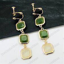 CLIP ON Vintage Style Long Drop Earrings Green Resin Stone Gold Tone NON-PIERCED