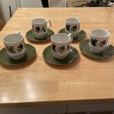 vintage wood & sons Alpine White Ironstone blue green ivy , cup and saucer x 5 