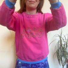 Bright Pink 90s Paco Sweater - Size S/M Rainbow Embroidery 100% Cotton Funky VTG