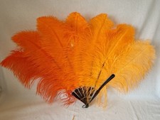 Large Antique Orange Ombre Ostrich Feather Hand Fan,  Burlesque, Costume