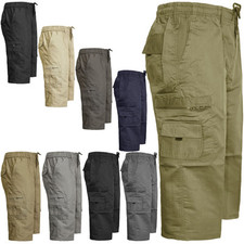 Mens Elasticated Waist Cargo Combat 3/4 Long Length Shorts Zip Multi Pockets