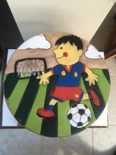 Child's Wooden Stool with Painted Footballer Relief