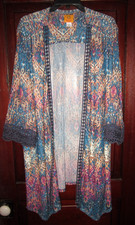 Ruby Rd. Woman Plus Size 1X Open Kimono Jacket Cardigan Duster Coat Ethnic Print