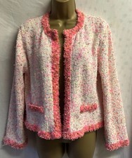 Zara Neon Pink Mix Boucle Raw Edge Tweed Size Medium Fringe Jacket Cardigan Top