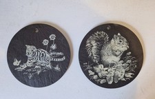 Two Slate Coasters/hanging Ornaments. Squirrel And Cat