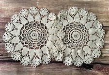2 x Vintage hand crocheted soft-beige fine cotton round doilies 23 cm