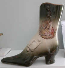 Vintage Green Ceramic Boot Vase Courting couples 8 1/4 inch tall crazing