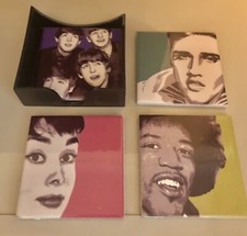 Ceramic Coasters Jimi Hendrix Elvis Audrey Hepburn Beatles High Gloss in holder