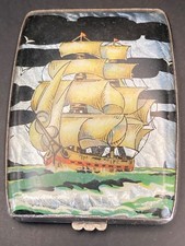 VINTAGE GWENDA 1930S FOIL BACKED OBLONG COMPACT WITH SAILING SHIP DESIGN