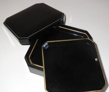 VINTAGE - BLACK COASTERS  WITH GOLD TRIM IN MATCHING STORAGE BOX - MADE IN JAPAN