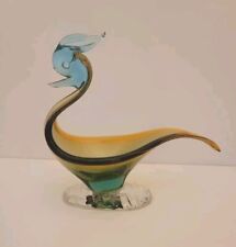 Vintage Murano Glass Rooster Figurine Blue & Amber Green Tones 7.5"High