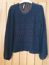 Next black sheer fabric lace long sleeves blouse top, size 16, Vgc