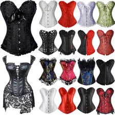 Hot Ladies Satin & Faux leather Corset top dress Burlesque Basque Valentines AS