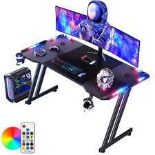 LED Gaming Desk Computer Table Workstations w/ Headphone Hook & Cup Holder Black