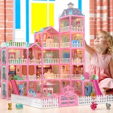 Kids Doll House 5 Story Construction Toys Pink Dolls Houses Role Play Girls Gift