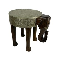 Vintage Elephant Side Table Handmade Embossed Metal Indian Asian Decor