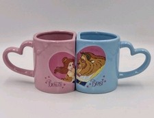 Beauty & The Beast Mug Set X2 Walt Disney 3.5" Ceramic Blue & Pink Heart Cups