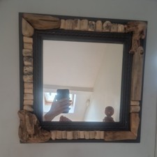 Driftwood Wall Mirror Hanging 37.5cm square Timber Frame rope effect handmade 
