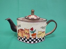 Trade+Aid Hand Painted Miniature Enamel Teapot No.1972 Cats (Hol)