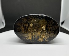 Antique Victorian Chinese Export Oval Paper Mache Hinged Snuff Box Trinket Box
