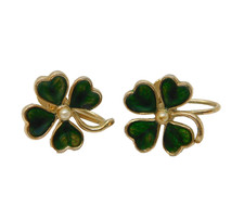 Silver Plated, Green Enamel, Seed Pearl Shamrock Screw-Back Earrings Vintage