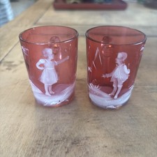 Mary Gregory Cranberry Glass Cups - Boy and Girl Picking Flowers