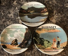3 VINTAGE ART DECO RAILWAY TRAVEL  POSTER PLATES GUERNSEY CORNWALL LAKE DISTRICT