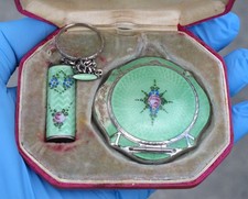 R & G  Co Mint Green Guilloche Enamel Art Deco Compact Sterling Set in VTG Case!