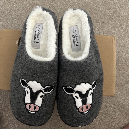 Ladies grey cow slippers size - grey,