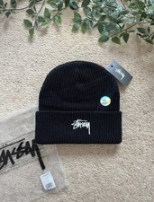 Stussy Ribbed Knitted Embroidered Beanie Hat - One Size - Black