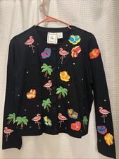 Michael Simon Lite Womens S Flamingo Palm Tropical Embroidered Cardigan