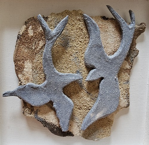 Framed stone art birds - stone,