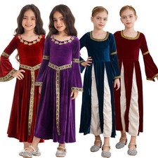 Kids Girls Renaissance Maiden Costume Medieval Princess Velvet Gown Robe Dress