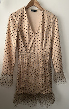 PLT Dress Size 8 Brown Black Polka Dot Bodycon Long Sleeve Plunge Mesh Sexy