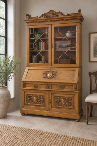 Large oak bureau bookcase - large,
